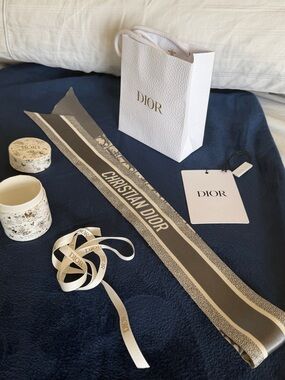 Dior Gray and White Woven Logo Band with Ribbon